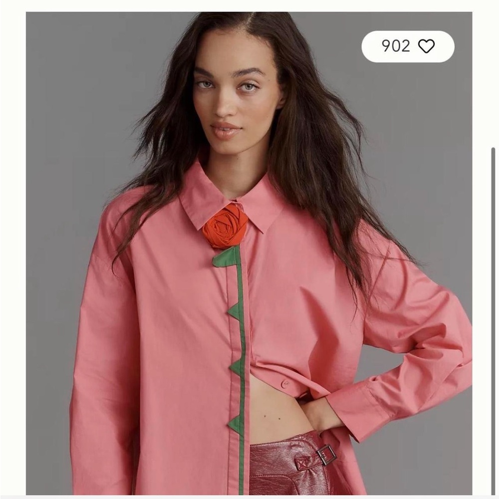 Farm Rio x Anthropologie Pink Button-Down Shirt with Rose